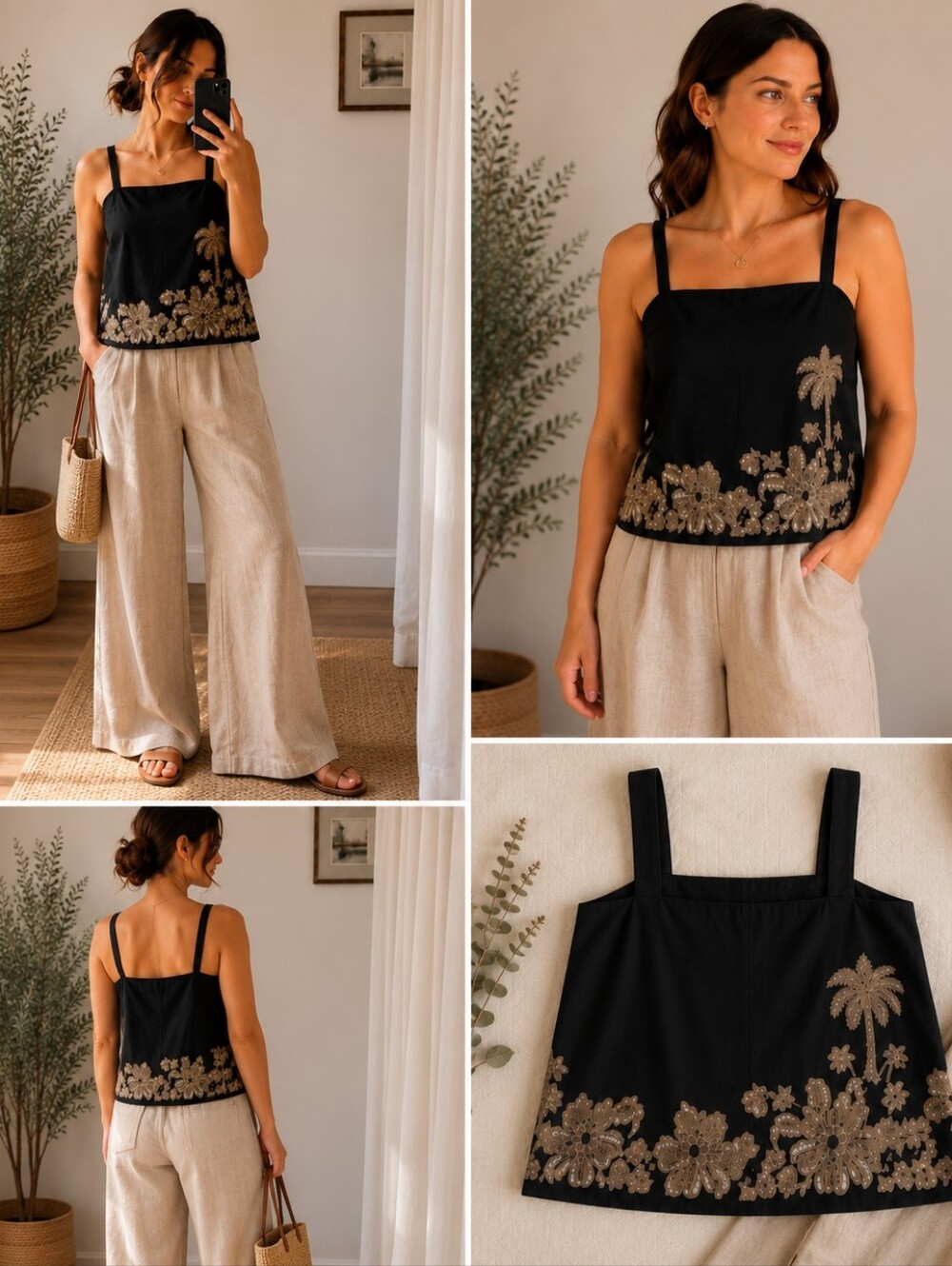Banana Republic Black Embellished Square-Neck Camisole